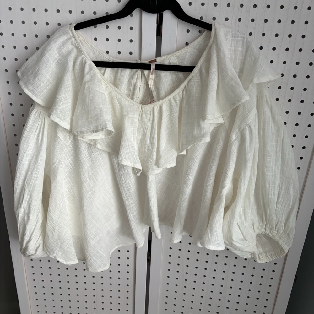 Free People Cream Ruffled Open Back Blouse